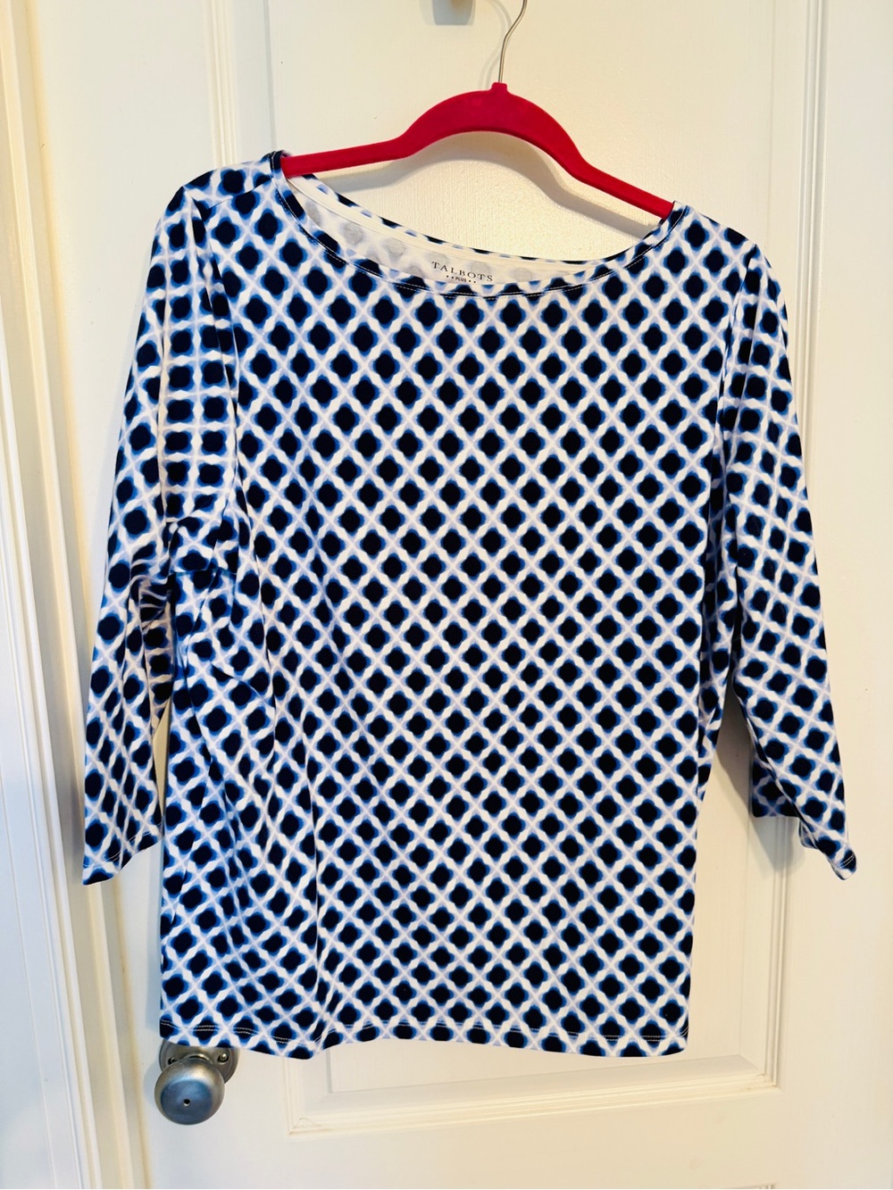 Talbots Navy and White Lattice Print 3/4 Sleeve Tee